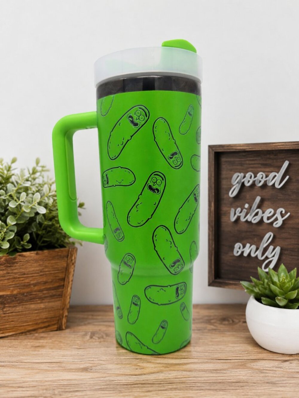 Pickle Rick Inspired 30oz Insulated Tumbler with Handle – Laser Engraved Green T